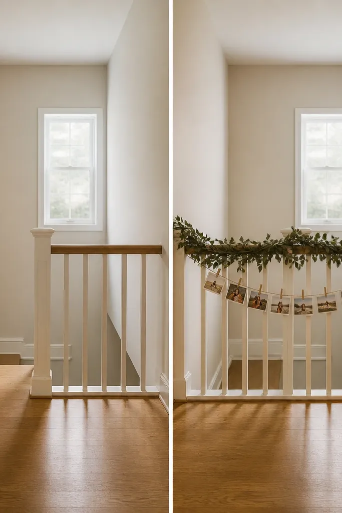 Staircase before-and-after. Before: plain landing with no decor. After: a simple garland across the railing, a strip of small photo prints clipped to twine, and a single lantern on the floor.