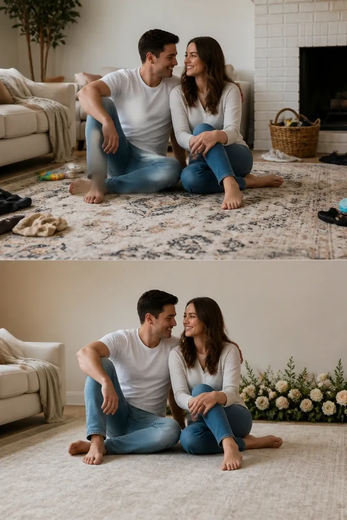 Living room before-and-after. Before: patterned rug with random objects around it. After: rug cleared, a low bouquet line in a straight row on one side, and a clean backdrop wall behind the couple.