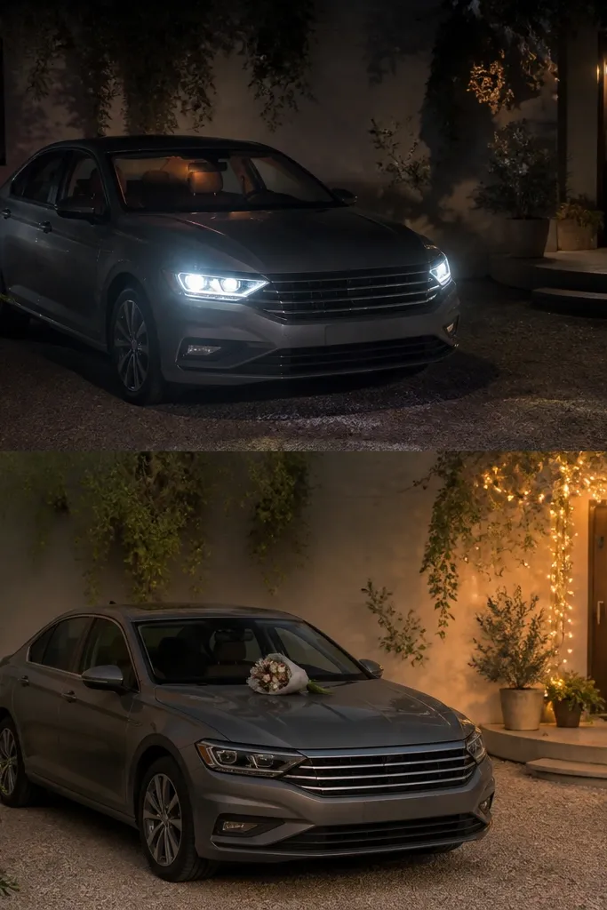 Driveway before-and-after. Before: headlights on, harsh shadows, car dashboard lights visible. After: car parked with lights off, warm string lights around a doorway, and a small bouquet by the windshield with a clean background wall.