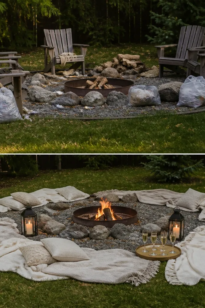 Backyard before-and-after. Before: fire pit area messy with chairs and bags. After: a clean circle of blankets on the grass, two lanterns, and a low tray with champagne glasses near the fire pit.