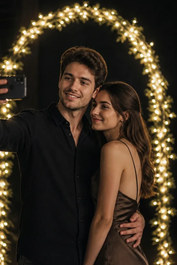 A couple stands in front of a simple arch made from warm white fairy lights; the lights form a soft oval behind the person holding the phone, with the background staying dim.