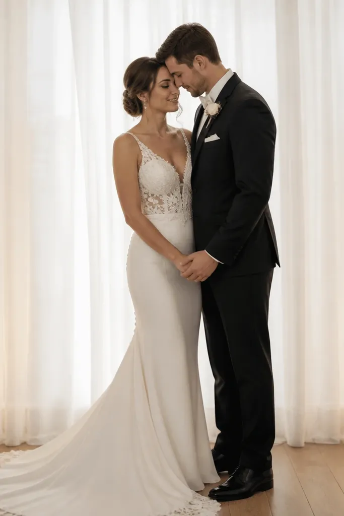Two small uplights are aimed at a sheer white curtain; the curtain glows from behind while the foreground stays softly lit, with the couple standing in front.