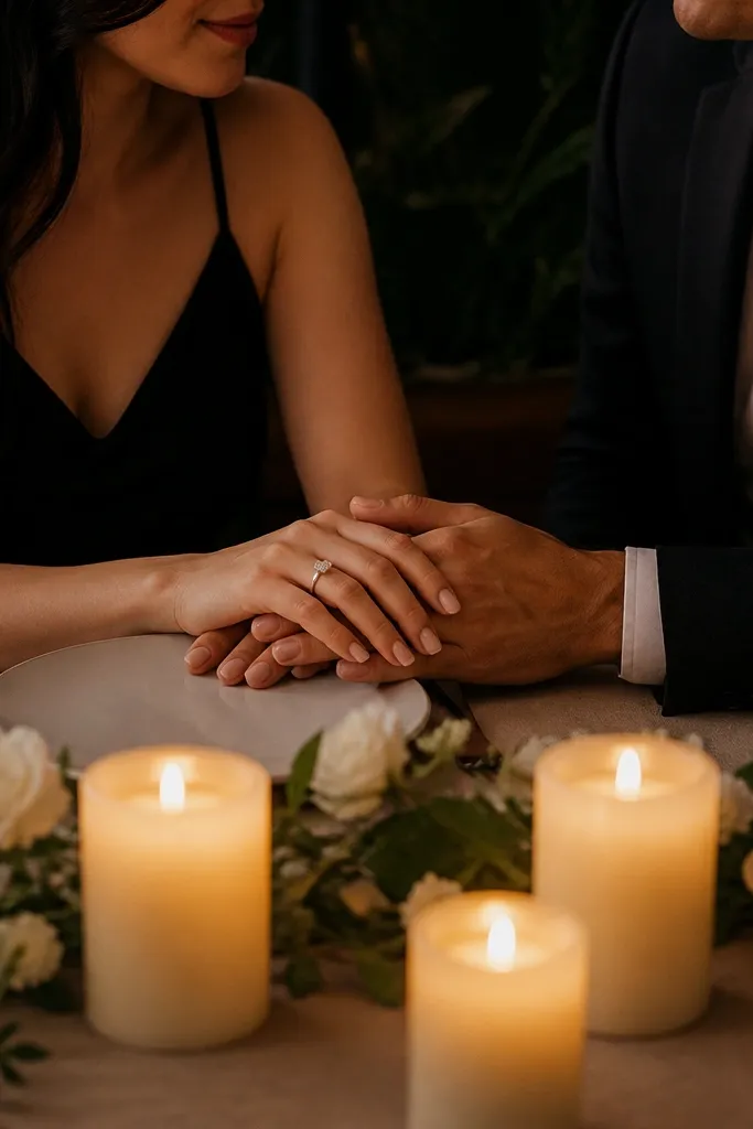 A dining table setup with three to five warm LED candles clustered along the edge; the couple's hands and engagement ring area sit near the center with no overhead lights on.