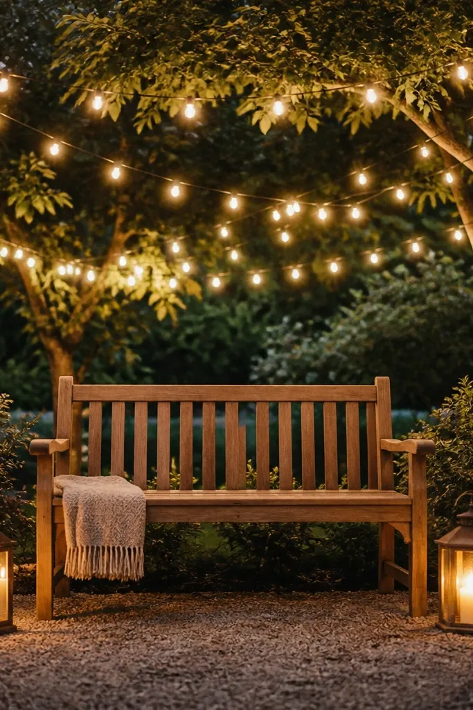 A wooden bench under outdoor string lights; the lights are draped above and behind the bench, with a warm lantern glow at ground level.