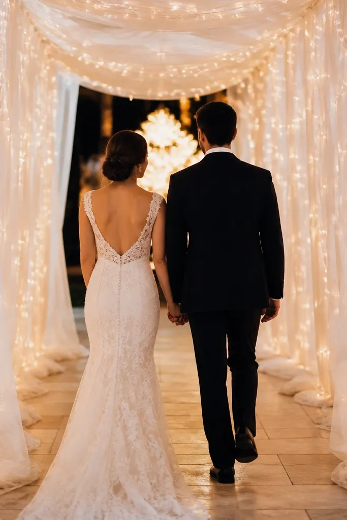 A short tunnel made of sheer white fabric panels with warm fairy lights threaded through; the couple walks toward a dim background with a bright warm center.