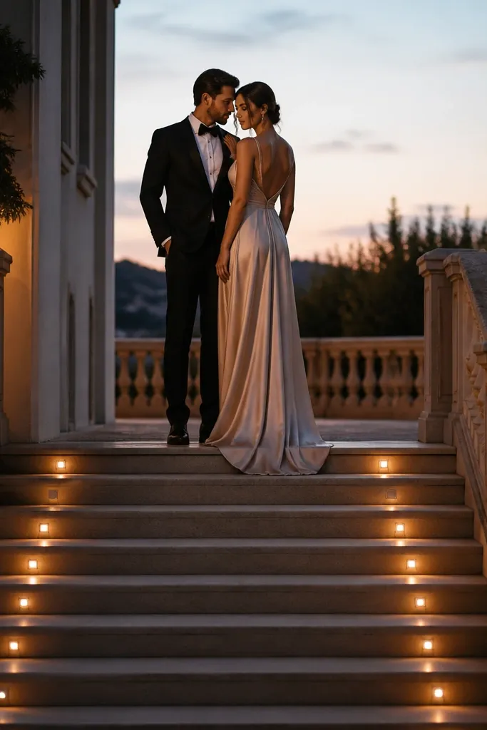A balcony stair or step area with small warm step lights lining the path; the couple stands at the top with a softly lit background.