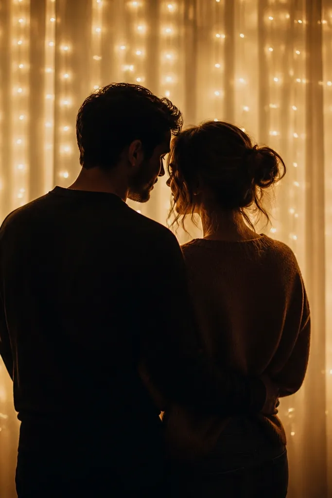 A window covered with warm white string curtain lights; the couple stands in front, silhouetted slightly, with the glow outlining hair and shoulders.