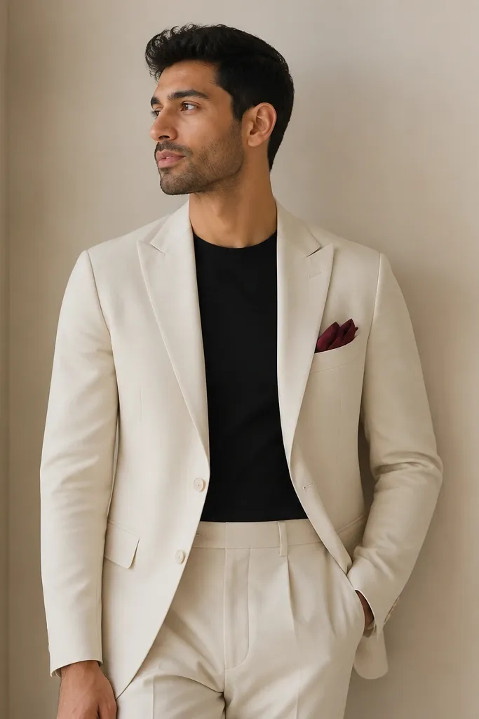 A person stands indoors wearing a cream single-breasted suit jacket with matching trousers, a fitted black crewneck tee underneath, and a burgundy satin pocket square. The background wall is plain and softly lit; the outfit reads warm and clean in a proposal photo.