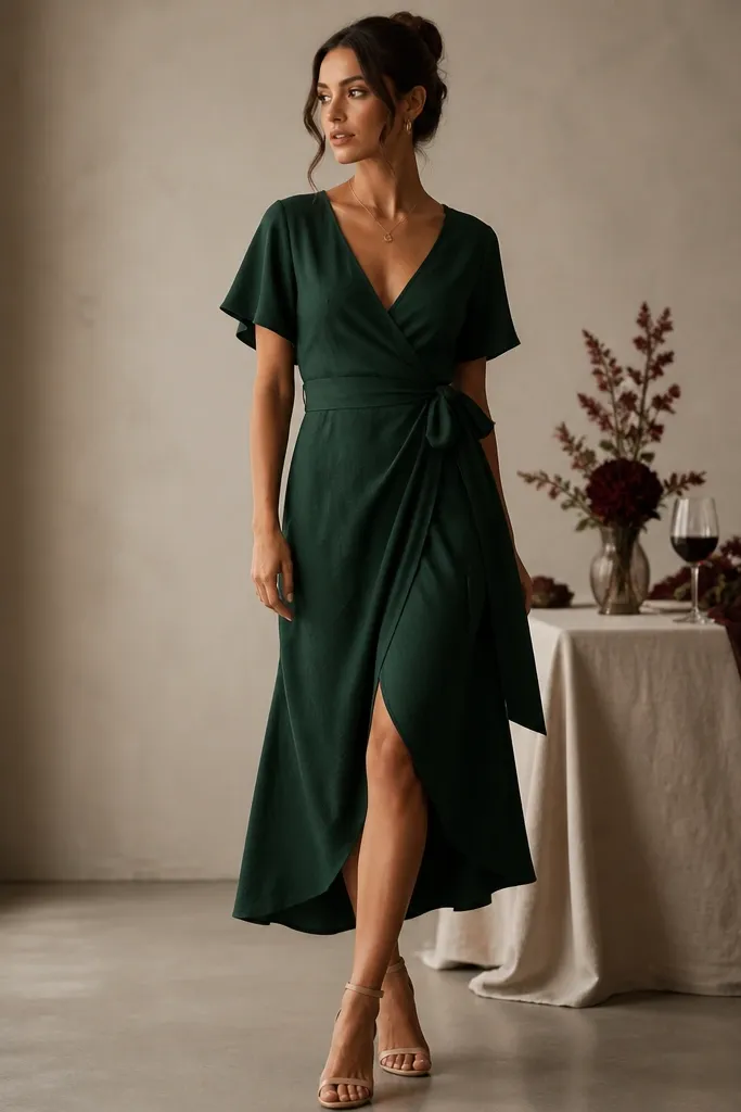 A model wears a deep green wrap dress with a V-neck and a tie waist, the fabric looks matte with subtle texture. The dress is paired with nude heels, and the background shows a softly lit table with a candle and flowers in burgundy tones.