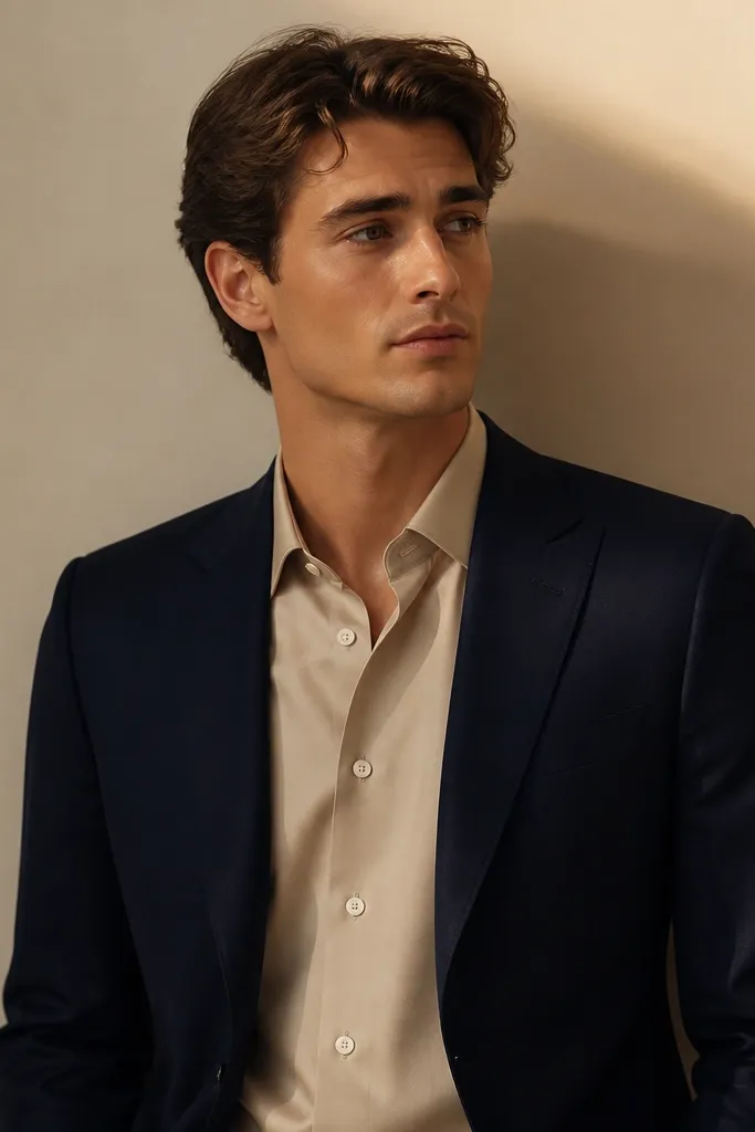 A navy blazer with clean lapels is worn over a champagne-colored button-up shirt. The shirt collar sits flat, no tie is worn, and the person stands in front of a cream wall with warm side lighting.