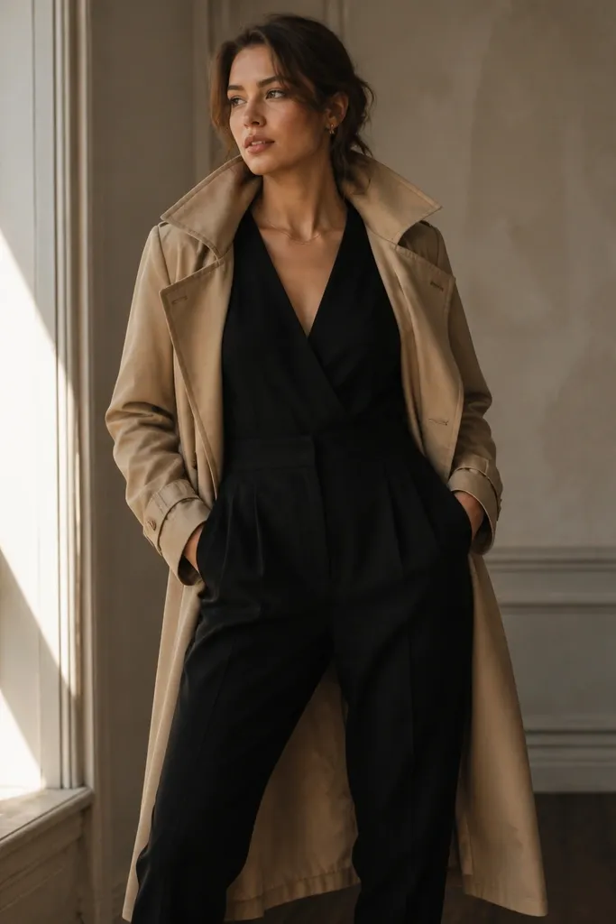 A tan trench coat is worn open over a fitted black jumpsuit with a tapered leg. The person stands in front of a window with warm light, and the coat collar frames the face.