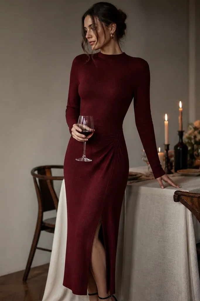 A burgundy long-sleeve dress with a high-quality knit or crepe texture and a subtle side slit. The person stands near a candlelit table; the fabric color looks deep and warm.