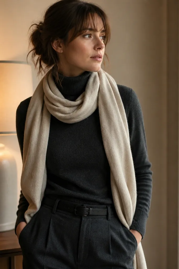 A charcoal turtleneck sweater is paired with tailored trousers and a soft scarf in muted cream. The person stands by a warm lamp; the scarf drapes naturally and frames the neck.