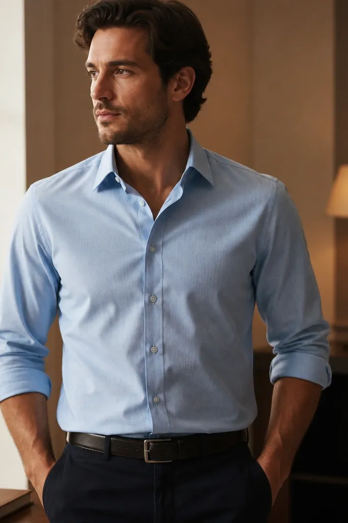 A light blue oxford shirt with a subtle texture is worn with rolled sleeves, paired with dark slacks and a belt. Warm lamplight creates a soft glow on the fabric.
