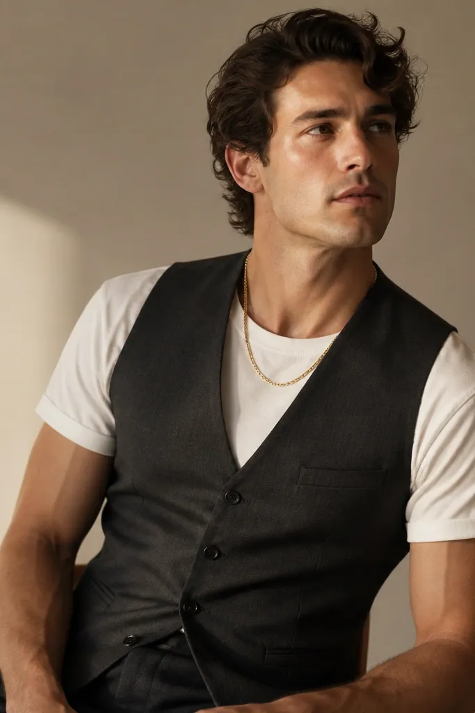 A fitted vest in charcoal is layered over a plain white tee, with a visible gold chain at the neckline. The lighting is warm and the background is simple.