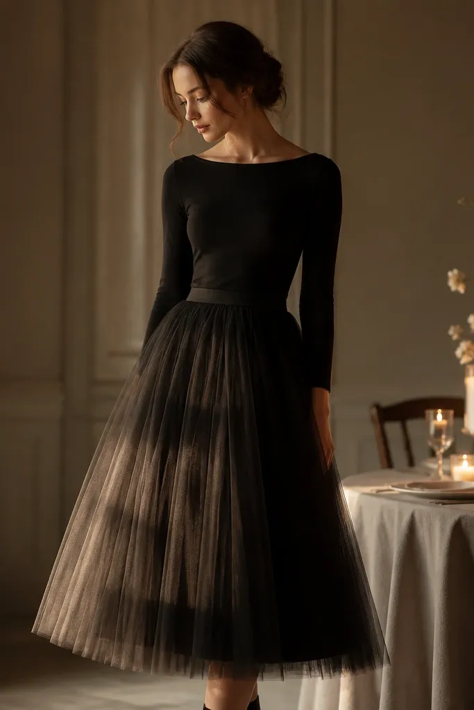 A black tulle midi skirt is layered over a fitted long-sleeve top. The tulle has a soft, airy look and catches warm light; the person stands near a candlelit table.