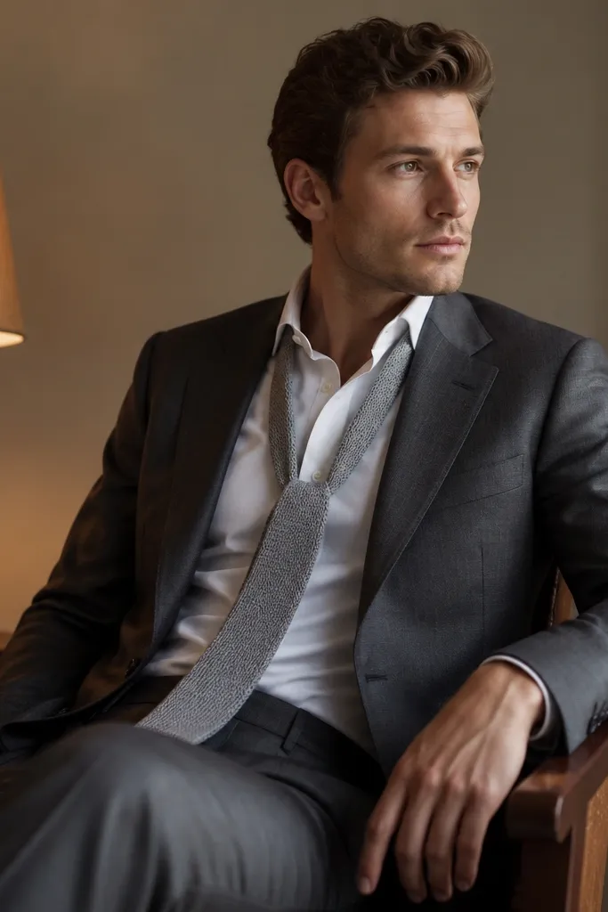 A charcoal suit is styled with a light gray knit tie (or untied collar), paired with a white or pale shirt. Warm lamp light makes the matte fabric look smooth; the background is uncluttered.