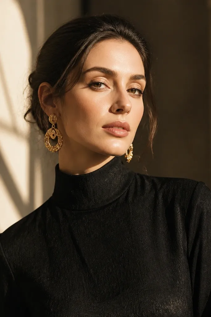 A black mock-neck dress with subtle texture is paired with statement earrings in gold. The person stands under warm light; the face is framed by the mock neck and the earrings catch highlights.