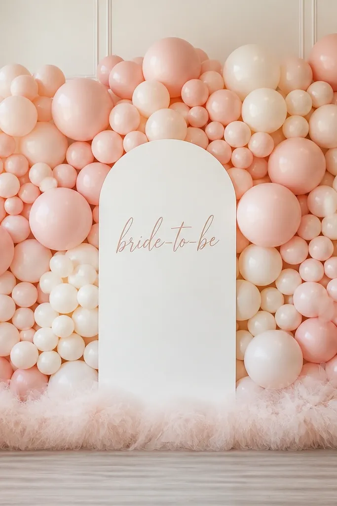 A full wall backdrop made of blush and cream balloons arranged in a dense cluster, with a tall white sign in the middle that reads bride-to-be in cursive. The base edge has a soft tulle fringe line.