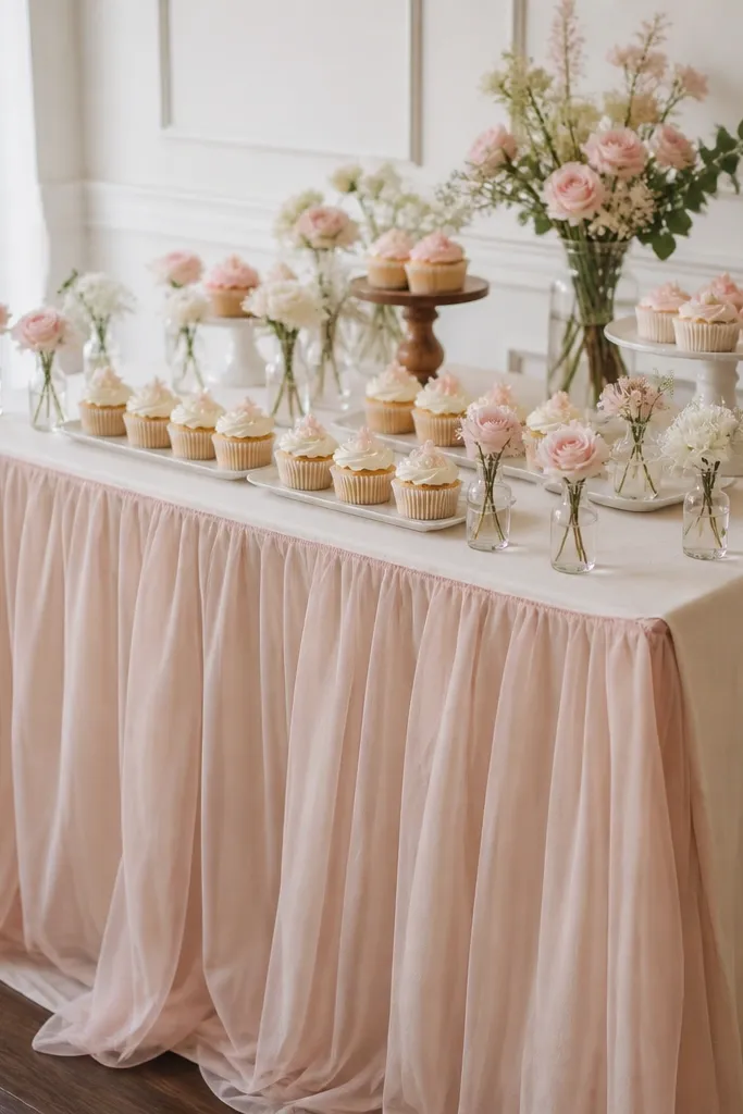 A dessert table covered with a cream runner cloth and a blush tulle overlay skirt that drapes to the floor, with small bud vases and cupcakes arranged in tidy rows. A mini sign sits at the front edge.