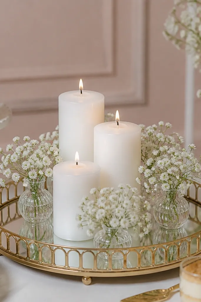 A gold mirrored tray on a dessert table holding three pillar candles in white, surrounded by white baby's breath in small bud vases. Background has soft blush wall decor.