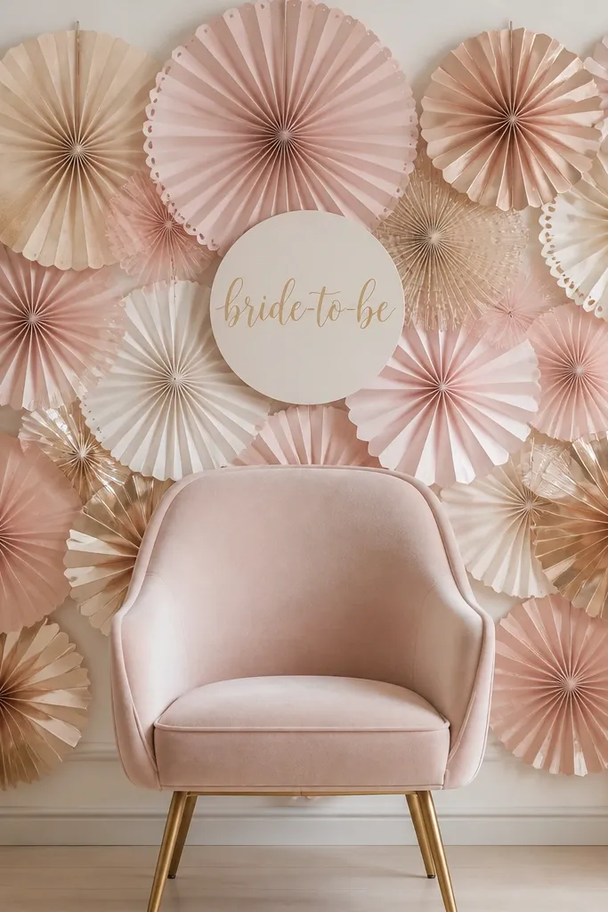 A wall behind a chair covered with layered paper fans in blush and champagne tones, with a small sign that reads bride-to-be at center. The chair faces the camera.