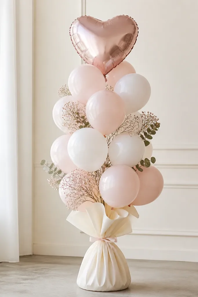 A tall balloon bouquet arranged like a bouquet with one "bride-to-be" foil balloon at the top, blush and white latex balloons below, and a weighted stand wrapped in cream fabric.