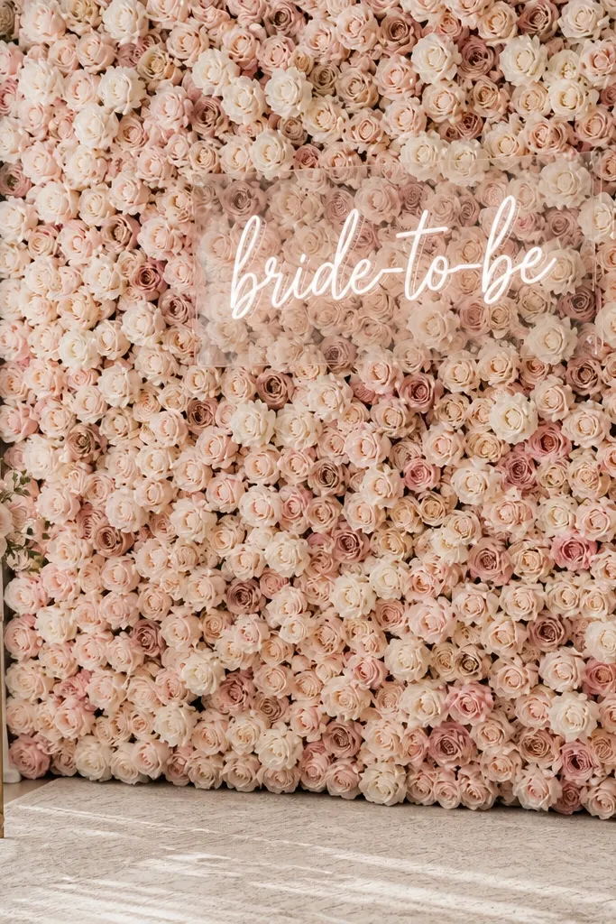 A dense rose wall in blush tones with a clear acrylic sign that reads bride-to-be. The wall fills most of the frame and the floor has a light neutral rug.