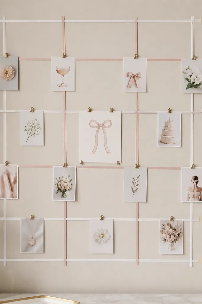 A wall grid made from thin blush and white ribbons taped in straight lines, with small mini cards clipped at intersections. A small centerpiece card reads bride-to-be.