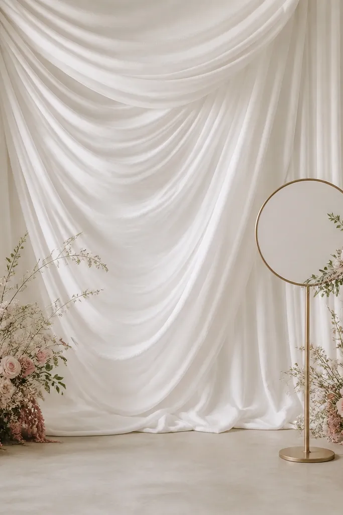 A minimalist photo backdrop with white draped fabric hanging in soft folds, blush floral bunches at the base, and a small "bride-to-be" sign on a stand.