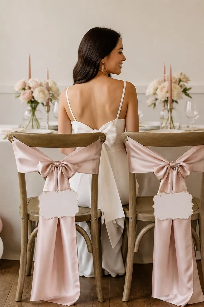 Two chairs decorated with blush satin chair sashes and small mini signs tied to the backs. The bride-to-be sits centered, with a simple table behind and a small balloon cluster on the floor.