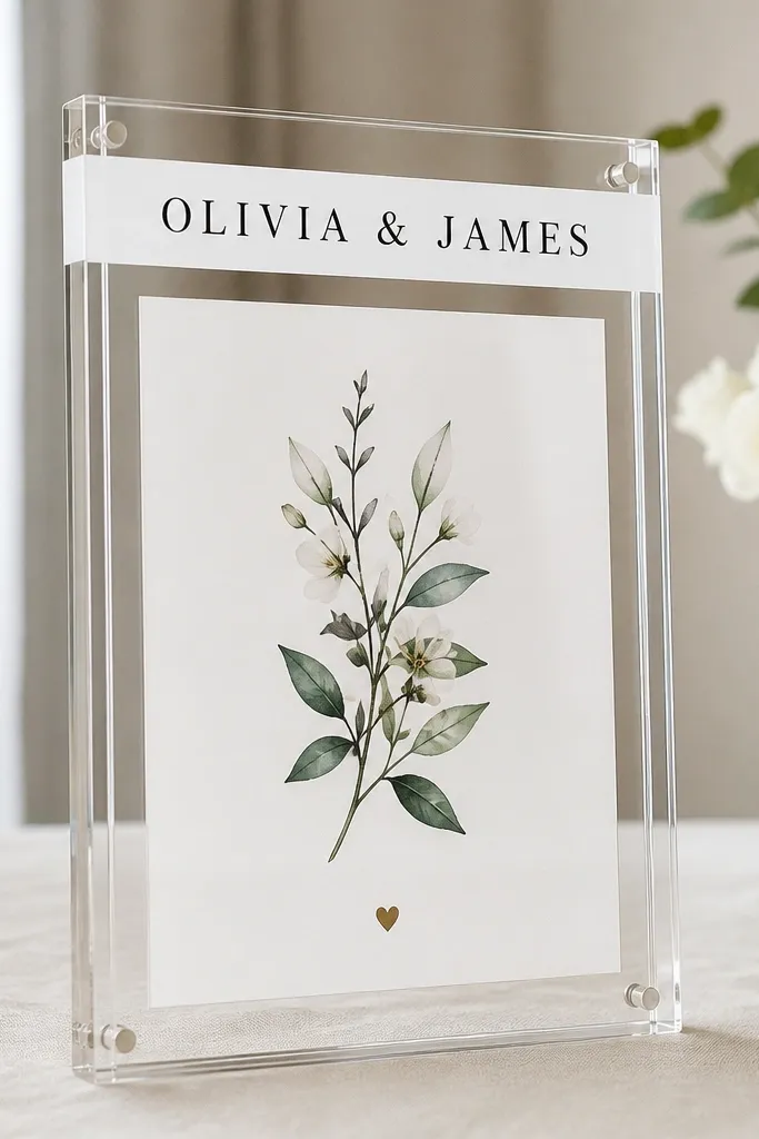 A transparent 6x8 frame with a clear acrylic front. Across the top, a white vinyl band reads the couple's names in simple lettering. The card sits behind the acrylic and looks crisp and protected.