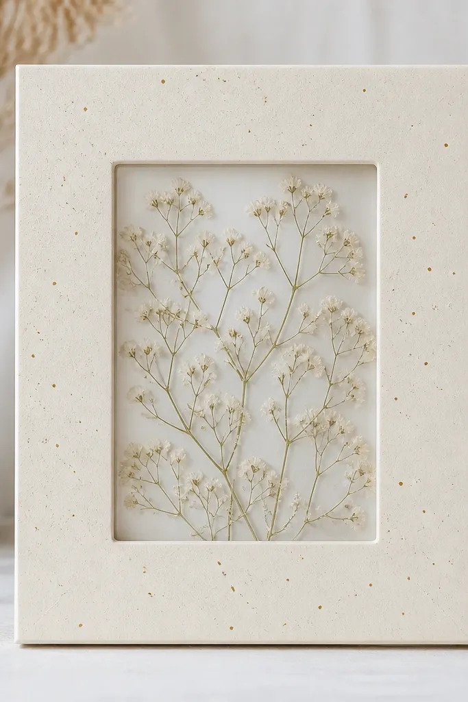 A 5x7 frame with a window in the center. Inside the window, pressed baby's breath flowers are sealed under a thin clear sheet. The border is off-white cardstock with light gold paint speckles.