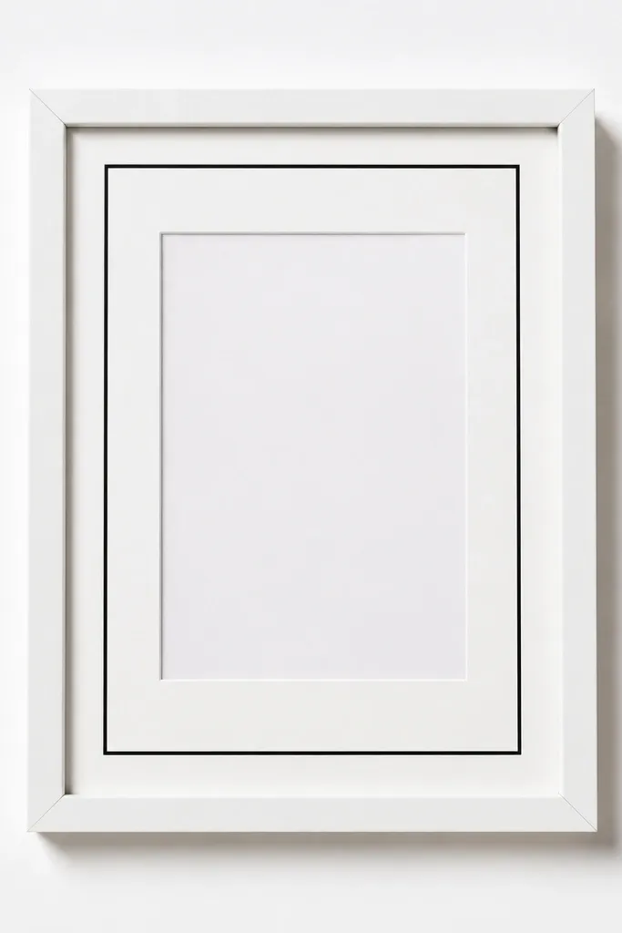 A clean 5x7 white frame with thin black tape lines forming a rectangle around the card opening. The corners are crisp, and the card sits on a matte white background. No flowers, just strong geometry.