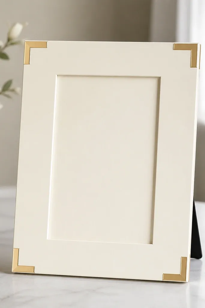A 5x7 frame with a soft ivory base. In each corner, small gold foil rectangles are placed like corner brackets. The rest of the frame is plain, and the card opening is centered with a cream mat.