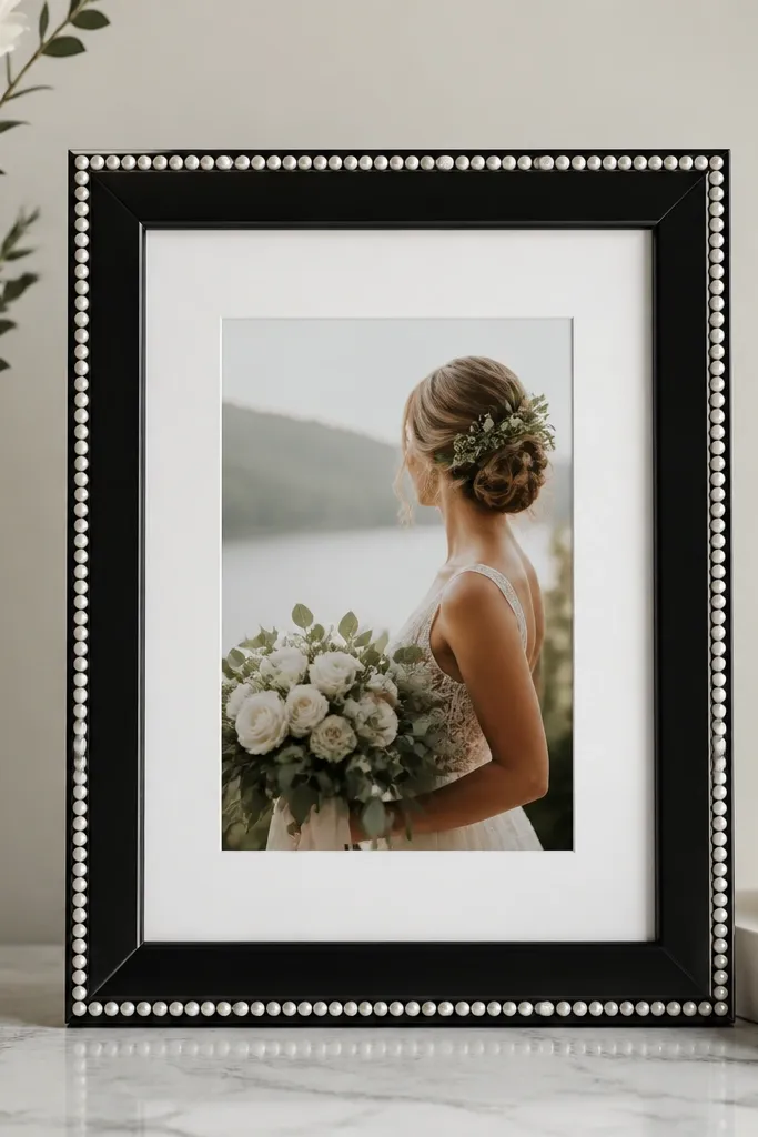 A glossy black 5x7 frame. Around the border, small white pearl dots form a neat ring. The inner mat is matte white, and the card sits centered with clean edges.