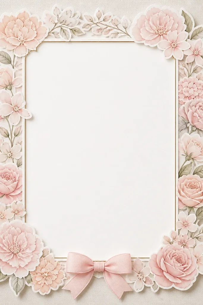 A 5x7 frame with a blush pink border made of layered floral stickers. The center is white and clean, and the card opening is framed by a thin gold line. A small blush bow sits at the bottom.