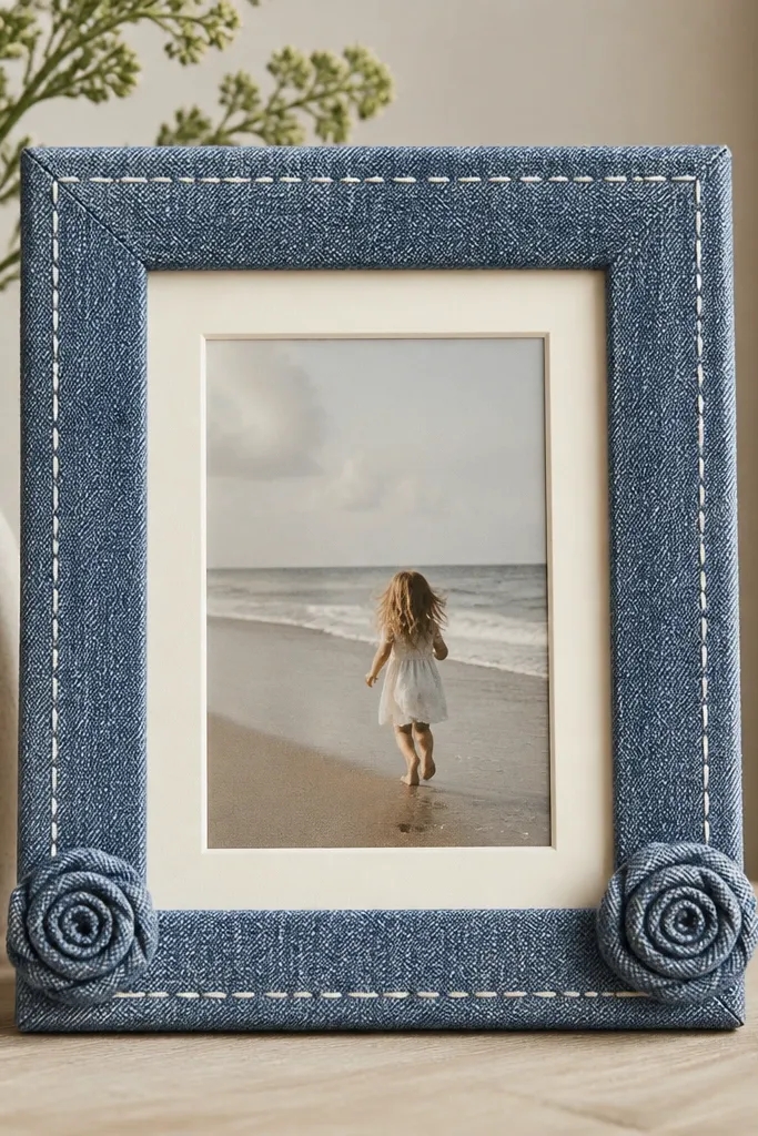 A 6x8 frame covered in medium-wash denim. A white tape strip imitates stitching along the inner border, and there are two small fabric rosettes at the bottom corners. The card opening has a cream mat.