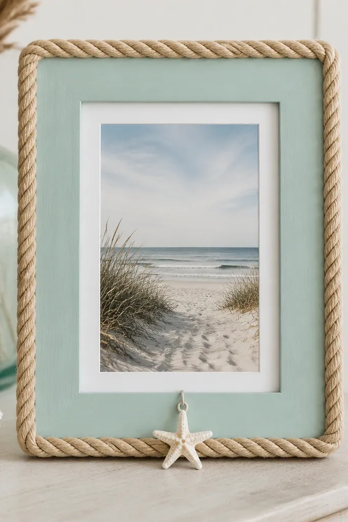 A 5x7 frame in seafoam blue. Around the outer edge, a thick natural rope is wrapped in a neat spiral. A small starfish charm hangs at the bottom center, and the inner mat is white.