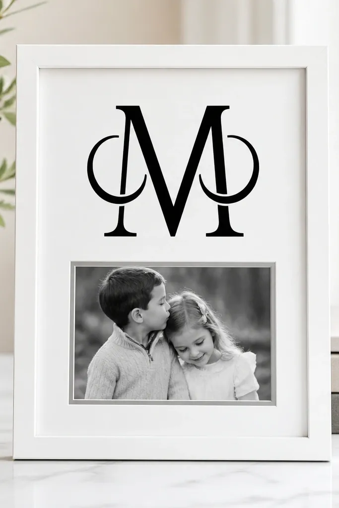 A 6x8 frame with a white base and a large centered monogram cut from black vinyl. The card opening sits below the monogram, framed by a thin gray mat. The overall look is clean and graphic.