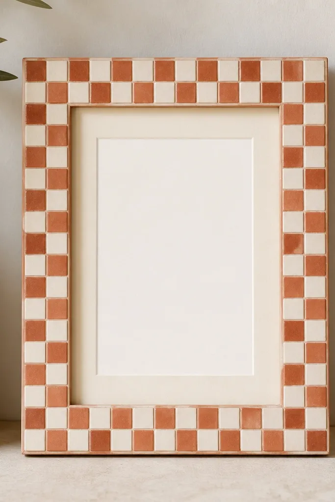 A 5x7 frame with a terracotta tile pattern made from small squares. The pattern is arranged like a checkerboard border, and the center is a matte warm cream mat. The card looks centered inside.