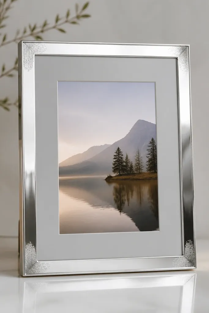 A 6x8 frame with a silver reflective border. The corners are frosted with a light spray finish, and the inner mat is pale gray. The card sits behind a clear protective sheet.