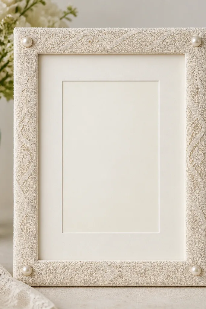 A 5x7 frame wrapped in light cream lace tape along the outer edge. At the four corners are small pearl button accents. The inner opening is clean, with a matte ivory backing and the card centered.