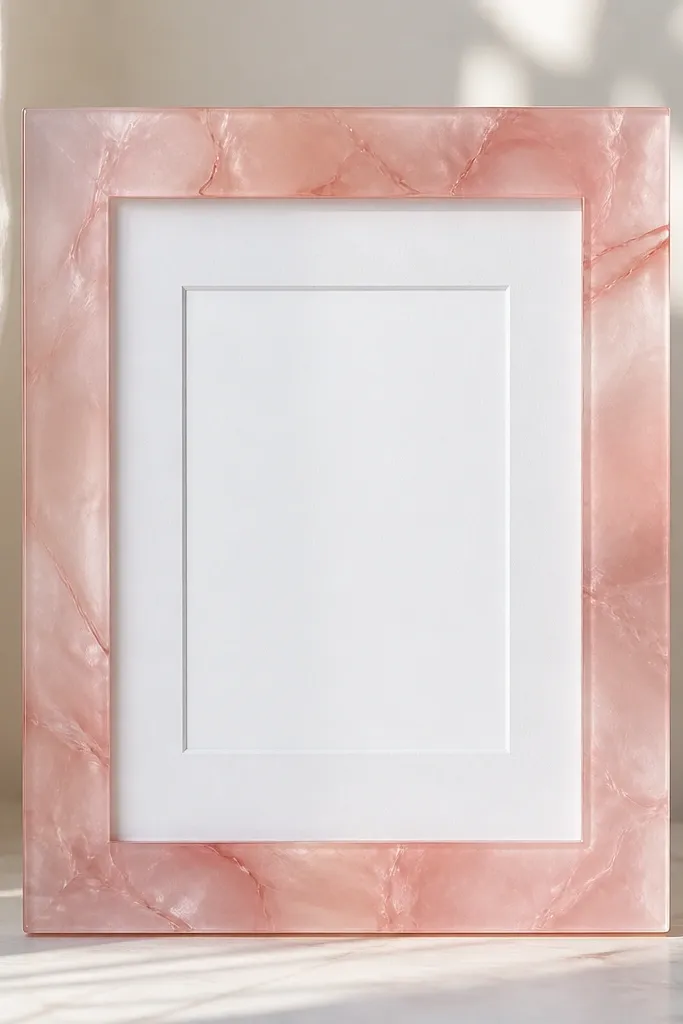 A 6x8 frame with a translucent rose-pink wash effect across the front. The card opening is centered on a white mat, and the border edges look like softly marbled acrylic. No extra flowers, just the color effect.