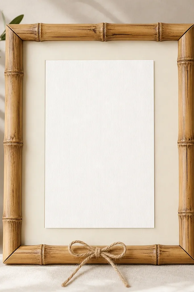 A 5x7 frame that looks like bamboo slats around the border. A thin twine bow hangs at the bottom center. The inner mat is cream, and the card sits centered with a slight shadow gap.