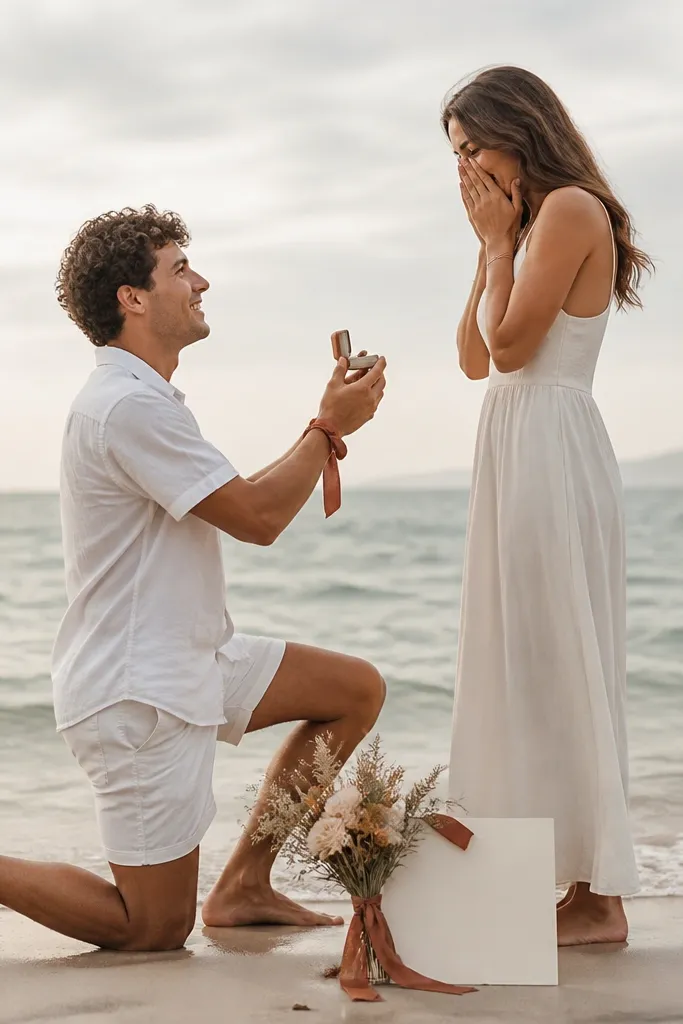 A couple stands side-by-side at the shoreline. The person proposing wears a white cotton poplin short-sleeve shirt and matching lightweight shorts, with a terracotta ribbon tied at the wrist. A terracotta ribbon also wraps a small bouquet and a weighted sign.
