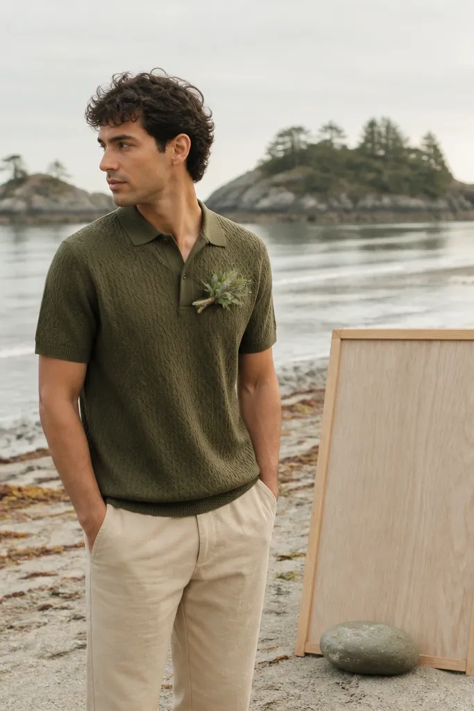 A person in an olive knit polo and sand-colored chinos stands near a calm tide line. A small sage-green boutonniere sits pinned to the shirt placket. Behind them is a simple wooden board sign with a green marker message, weighted with a smooth rock.