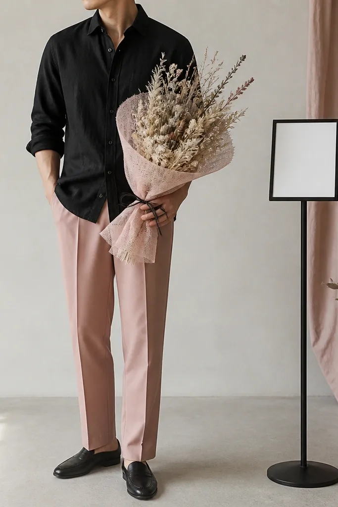 A person proposes wearing a black linen long-sleeve shirt rolled to the forearms and blush pink trousers. A dried-flower bouquet is wrapped in blush-pink gauze and tied with black twine. A small black-and-white sign sits on a weighted stand.