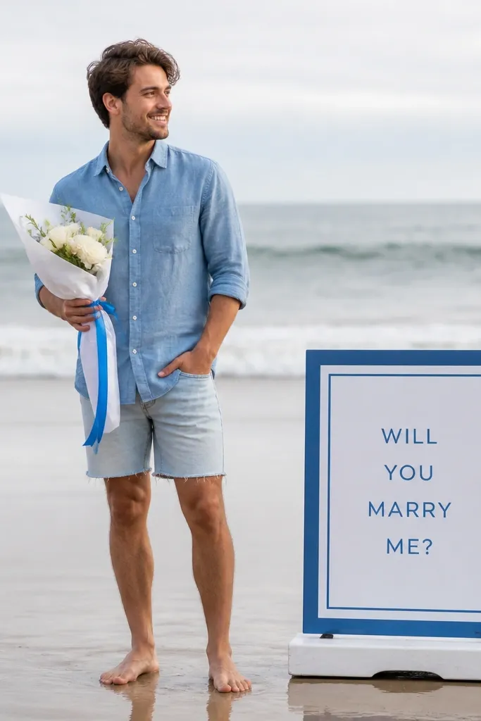 A person stands on wet sand in a chambray button-down and light-wash denim shorts. They hold a small bouquet wrapped in white paper with blue ribbon. A blue-and-white sign on a weighted board reads the proposal message.