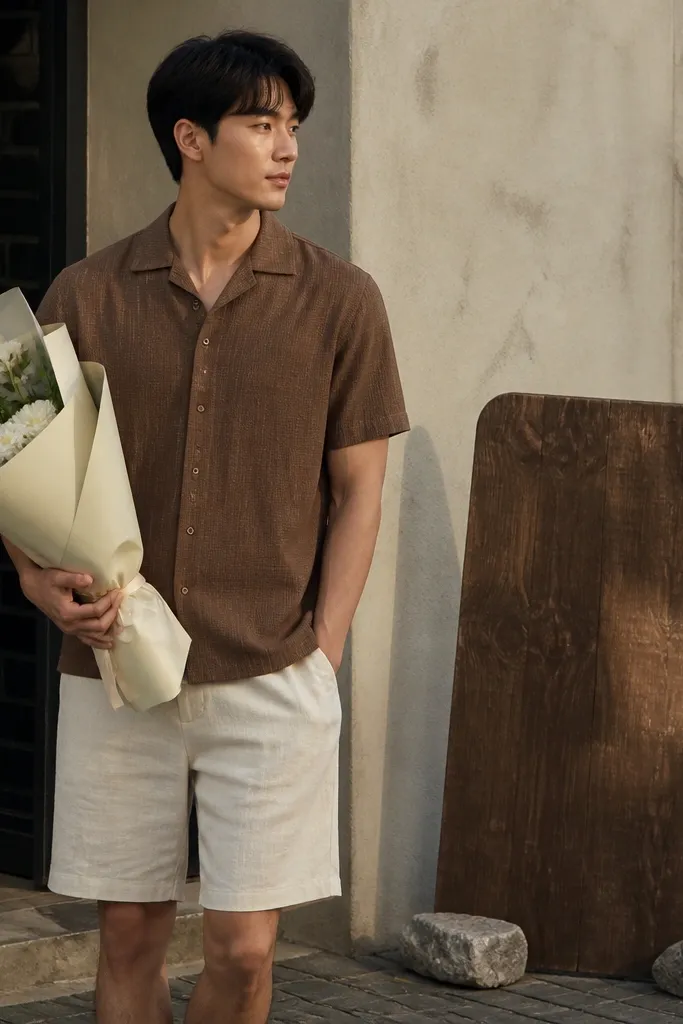 A man wears a coconut-brown short-sleeve button-up shirt with a subtle texture and cream linen-cotton shorts. He holds a bouquet wrapped in cream paper with a small green leaf accent. A wooden sign is weighted with stones.